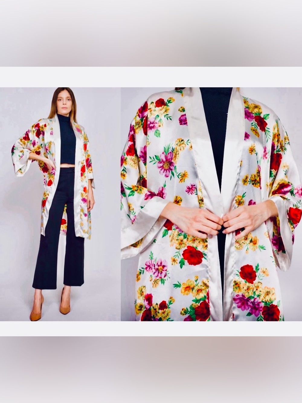 Victorias Secret Womens OSFM Robe Vintage Ivory Satin Floral Kimono Gold Label - Picture 1 of 10